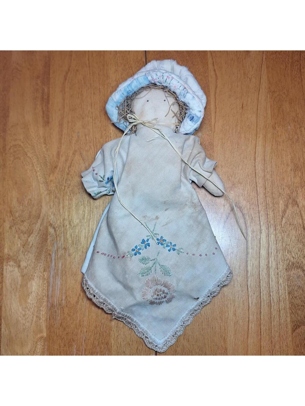 Primitive Dingy Rag Doll Floral Handkerchief Dress Quilted Bonnet 10" Long